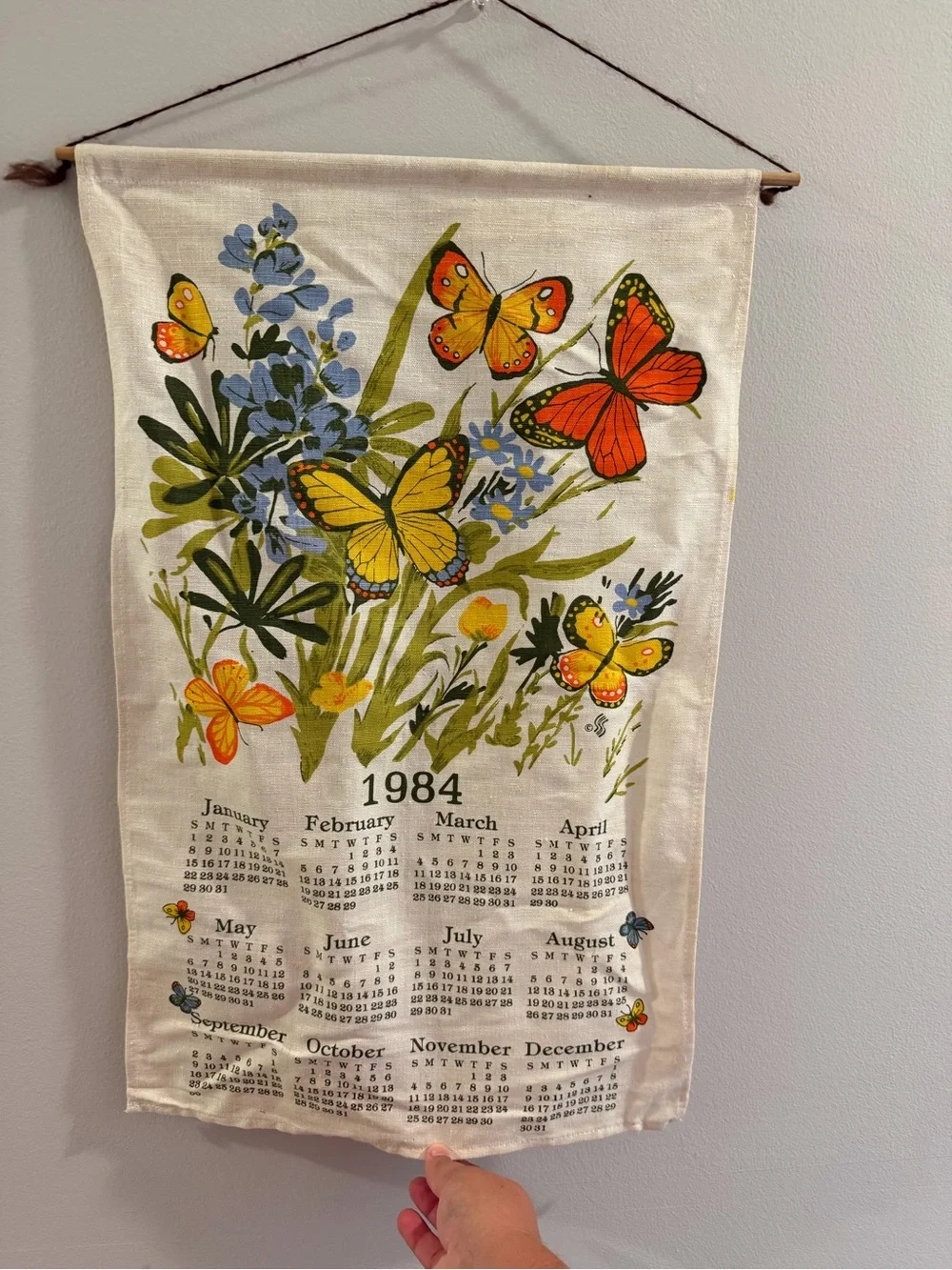 Vintage Butterfly Floral Wall Hanging Calendar - Cream, Yellow, Orange